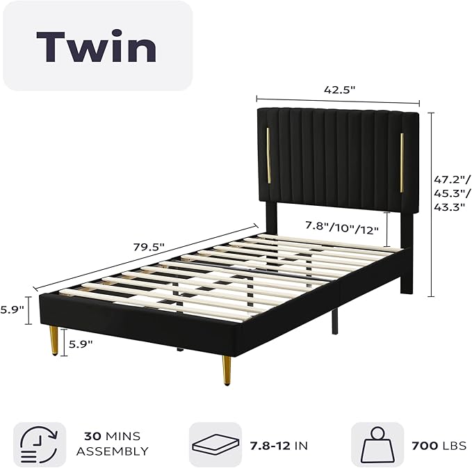 Twin Platform Bed Frame, Velvet Upholstered Bedframe with Vertical Channel Adjustable Headboard, Golden Plating Trim, Mattress Foundation with Wooden Slats, No Box Spring Needed, Black