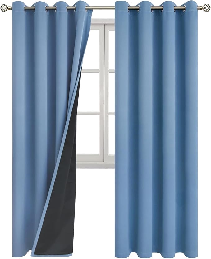 BGment Thermal Insulated 100% Blackout Curtains for Bedroom with Black Liner, Double Layer Full Room Darkening Noise Reducing Grommet Curtain (52 x 84 Inch, Denim Blue, 2 Panels)