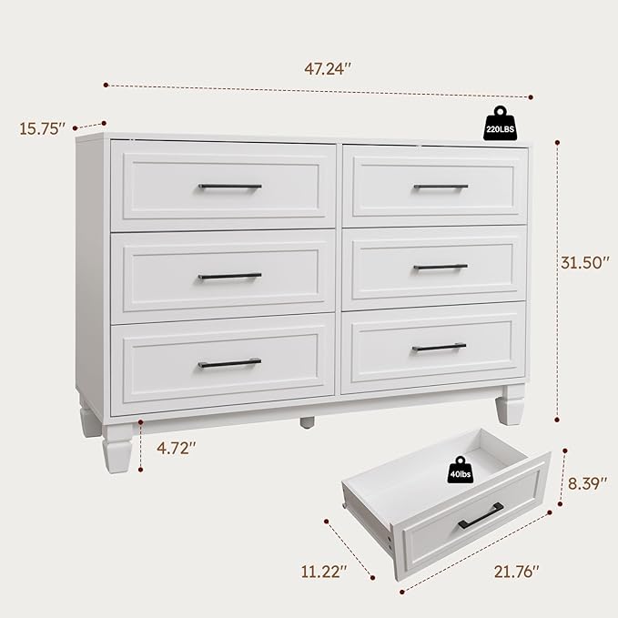 Farmhouse 6 Drawers Dresser for Bedroom, White Dressers with Unique Solid Wood Legs, Modern Wide Chest Dressers for Clothes, Closet, Living Room