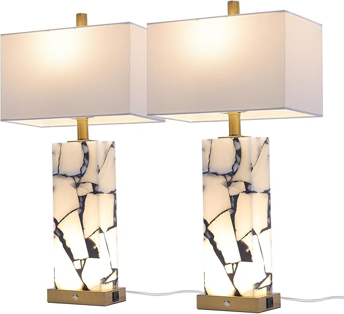 Natural Marble Table Lamps Set of 2: 3-Color Temperatures Alabaster Lamp with Nightlight, Bedside lamps with USB Ports, Bedroom Lamps for Night Stands End Table lamps for Living Room, Bulbs Included