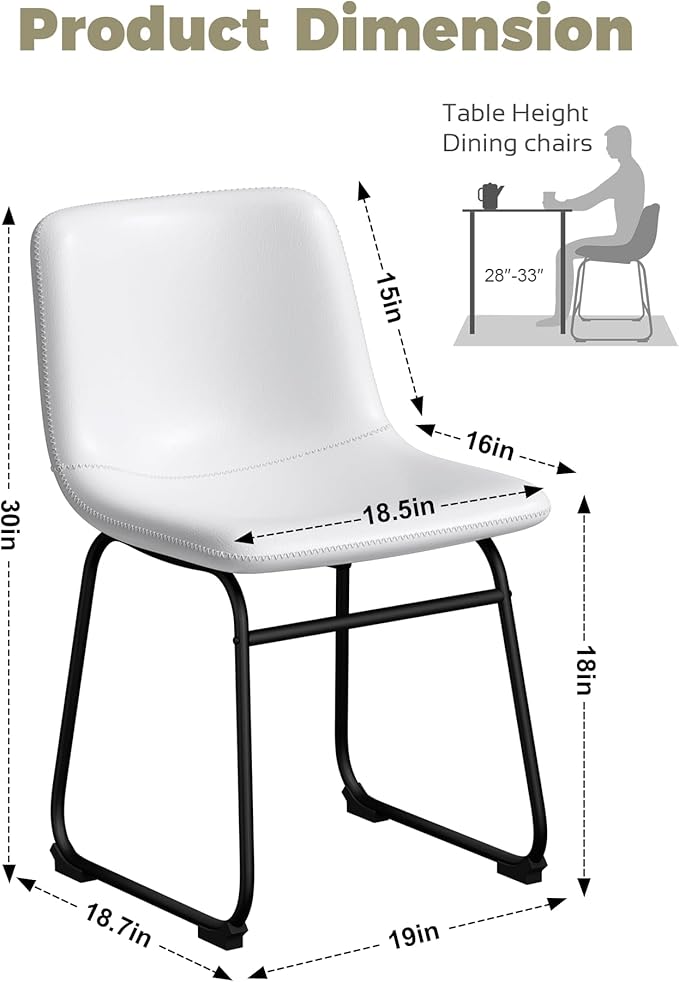 Dining Chairs Set of 8, 18 Inch Modern Armless Dining Chair with Back, Faux Leather Kitchen Dining Room Chair with Metal Legs for Home, Bistro Coffee Shops (White)