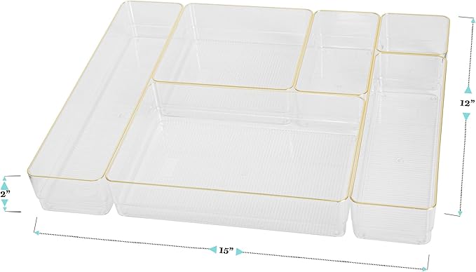 Martha Stewart Kerry Plastic Stackable Office Desk Drawer Organizers, Set of 6, with Gold Trim