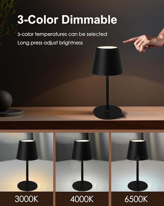 Cordless Table Lamp, Rechargeable Table Lamp with Touch Dimmable Control, Portable LED Desk Lamp for Indoor Patio (Black-Round, 2)