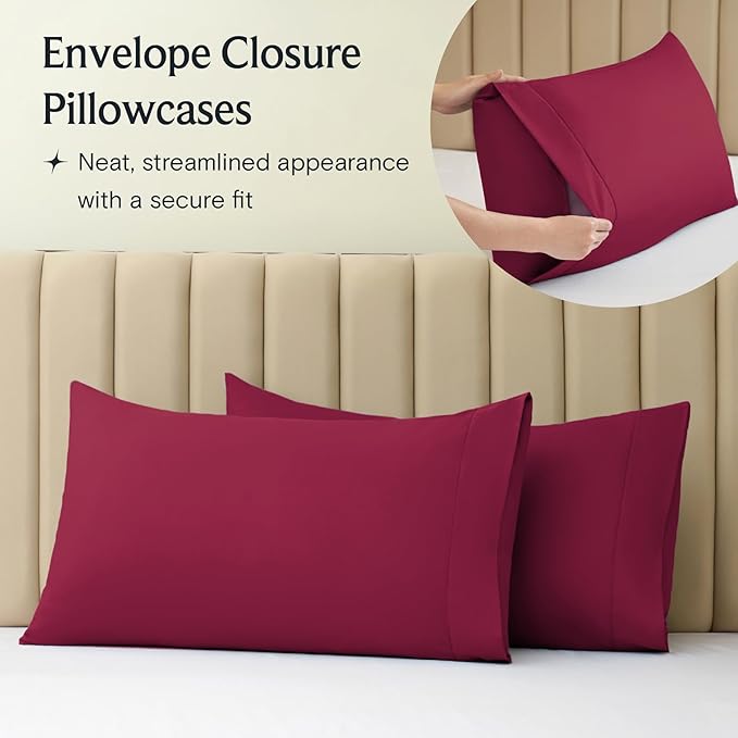 LuxClub 4 PC Full Sheet Set, Deep Pockets Wrinkle Free Cooling Bed Sheets Hotel Bedding for Women, Men, Kids & Teens, Includes 1 Fitted Sheet, 1 Flat Sheet and 2 Pillowcases-Burgundy