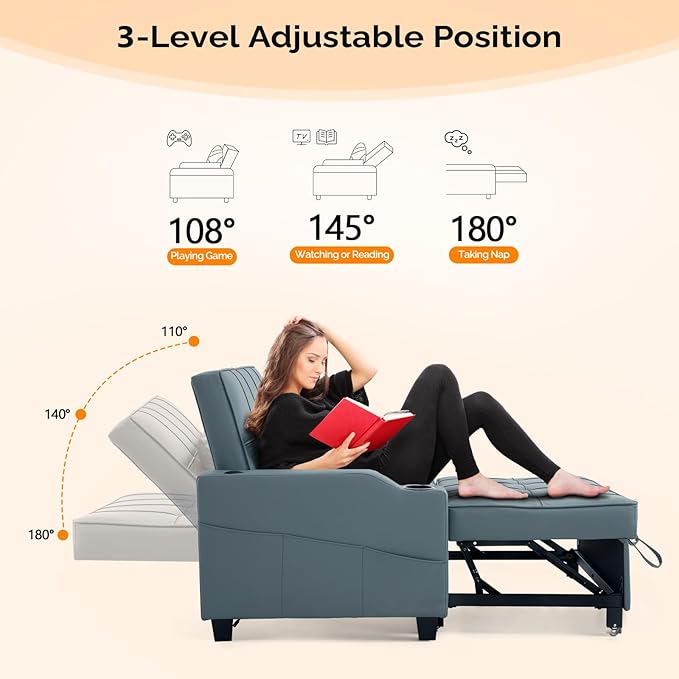 VINGLI Blue Grey Futon Sofa Bed Convertible Loveseat Sleeper Couch, Faux Leather Pullout Sofa Fold Out Couch Bed with USB Ports, Cup Holders, Armrest for Living Room, Bedroom Apartment Room
