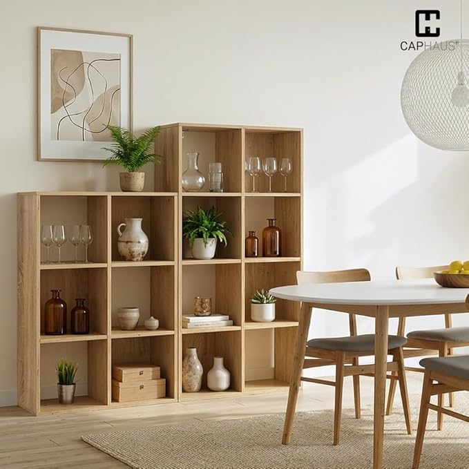 CAPHAUS Sturdy Room 11-Inch Cube Storage Organizer Shelf, with Thick Exterior Edge, Storage Shelf Divider w/Back, Bookcase, 6-Cube, Natural Oak