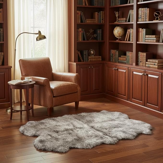 Super Area Rugs Premium Genuine Sheepskin Rug 4' x 6' Long Fur Soft & Natural Shaggy Living Room Rug, Wolf Tip Brown, Four Pelt