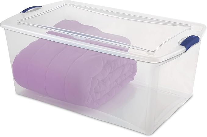 2-Pack 105 Quart Heavy Duty Plastic Storage Bins - Stackable Clear Containers with Lids & Blue Latches, Extra-Large Capacity for Bedding, Clothing, Holiday Decor, Garage & Closet Organization