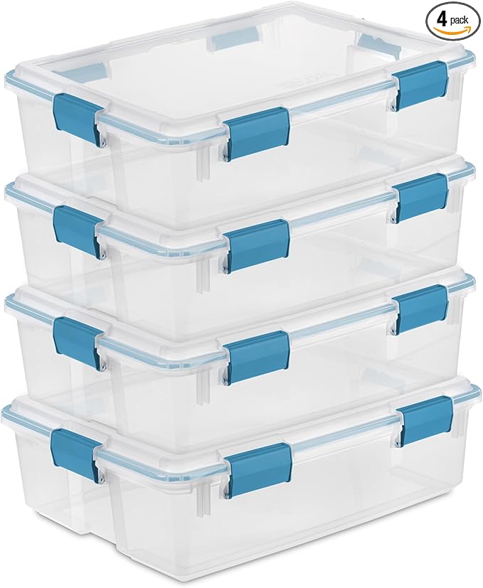 Sterilite 4-Pack Gasket Box, Home Storage Organizer Bins with Lids, 37 Quart – Stackable Clear Plastic Containers for Bedroom, Bathroom, Garage, Basement, or Attic