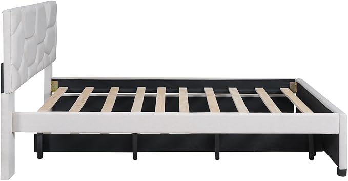 Full Size Upholstered Platform Bed with Twin Size Trundle, Headboard w/Brick Pattern, Wood Slat Support Included, for Boys Girls Kids Teens Adult,Beige