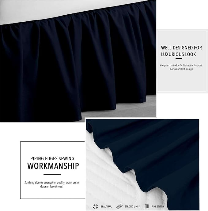 Navy Blue Solid Ruffled Bed Skirt King XL-8" Inch Drop Split Corner, Microfiber Bedskirt with Platform Three Sided Coverage