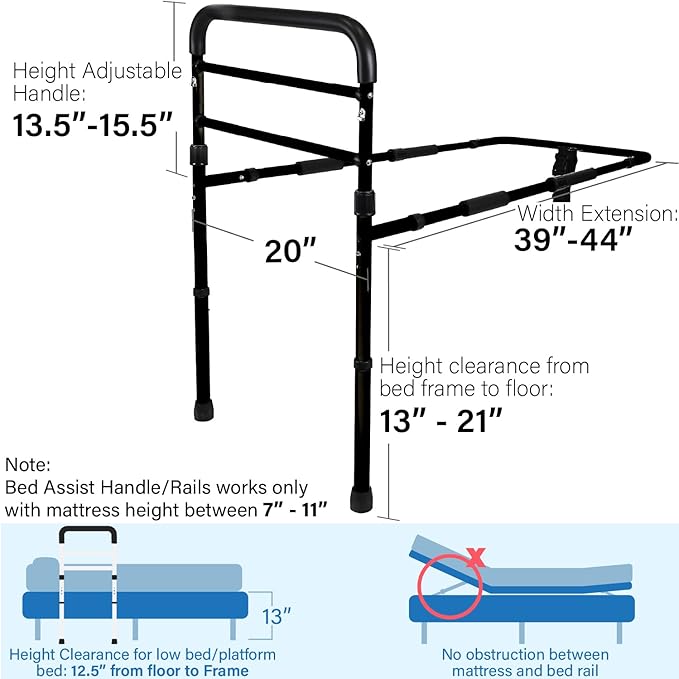 Vaunn Medical New Adjustable Bed Assist Rail Handle (Passed ASTM F3186–17 Safety Standard) and Hand Guard Grab Bar, Bedside Safety and Stability (Tool-Free Assembly)