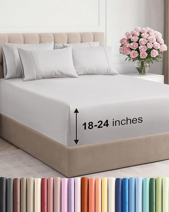 Extra Deep Queen Sheet Set - 6 Piece Breathable and Cooling Sheets - Hotel Luxury Bed Sheets Set - Easy Fit - Soft, Wrinkle Free and Comfy Sheets Set - French Grey Sheet Set with Extra Deep Pockets