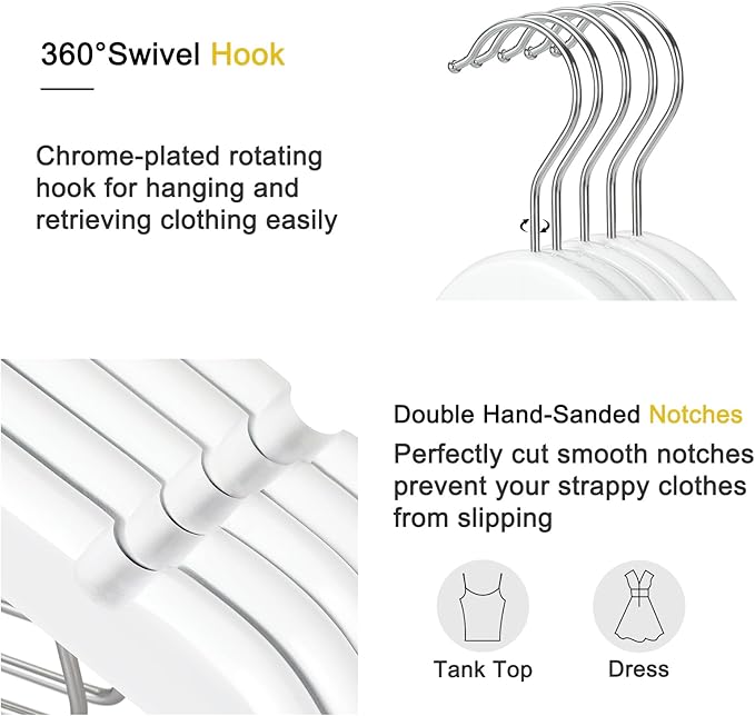 TOPIA HANGER Wooden Suit Hangers with Adjustable Metal Clips (20 Pack), Solid Smooth Wood Clothes Hangers, 360° Swivel Hook, Premium Pants Hangers for Clothes Coat, Jeans, Blouse-White,CT28W20