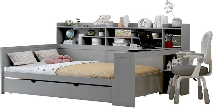 Merax Full Size Corner Bed Frames with Desk and Trundle & Storage Shelves Headboard, Pinewood U-Shaped Captain Daybed for Small Room, Bedroom, Guest Room, Kids' Room, Grey
