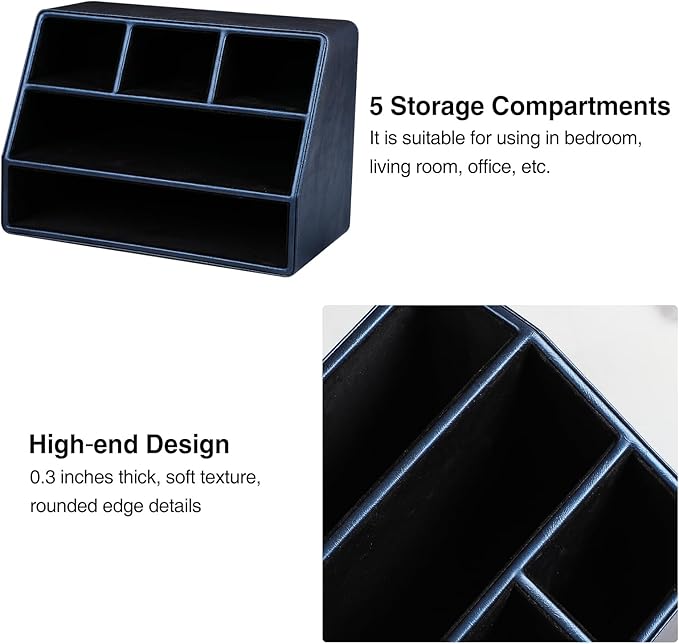 MEIBOOCH PU Leather Desk Organizer, Luxury Remote Control Holder for Home, Office Desk Accessories Table Caddy Bedside Nightstand Organizer (Dark Blue)