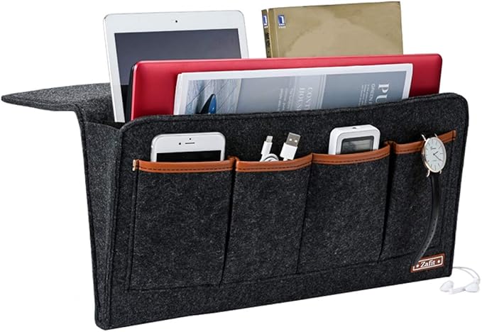 Bedside Caddy, 7 Pockets Large Size Bedside Organizer Caddy for Magazine Remotes Phone (17.3'' x 18.1'', Dark Grey)