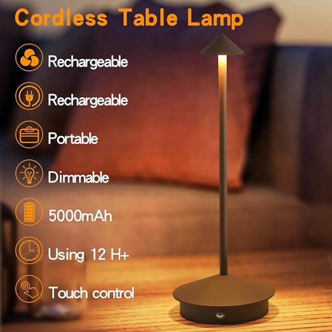 2 Pack LED Rechargeable Cordless Table Lamps,Portable Outdoor 5000mAh Battery Operated Table Light Touch Control 3 Color Dimmable Table Lamp for Patio/Cofee/Restaurant/Camping/Dining/Bedroom-Brown