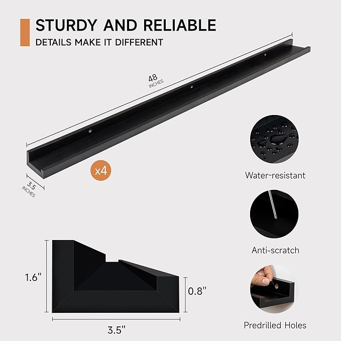 Fun Memories Picture Ledge Shelf for Wall, Floating Shelves Set of 4, 48 Inch Long Nursery Book Shelves for Toys Storage, Kids Bookshelf Wall Mounted for Books Photo Frames, Black