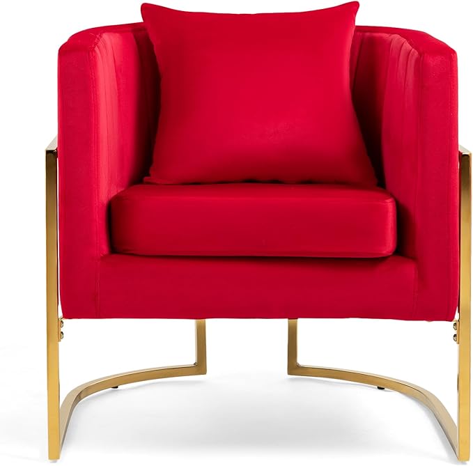 Velvet Modern Accent Chairs Set of 2, Upholstered Barrel Armchair Mid Century with Pillow for Living Room, Comfy Single Vanity Chair with Metal Gold Legs for Bedroom, Rose Red