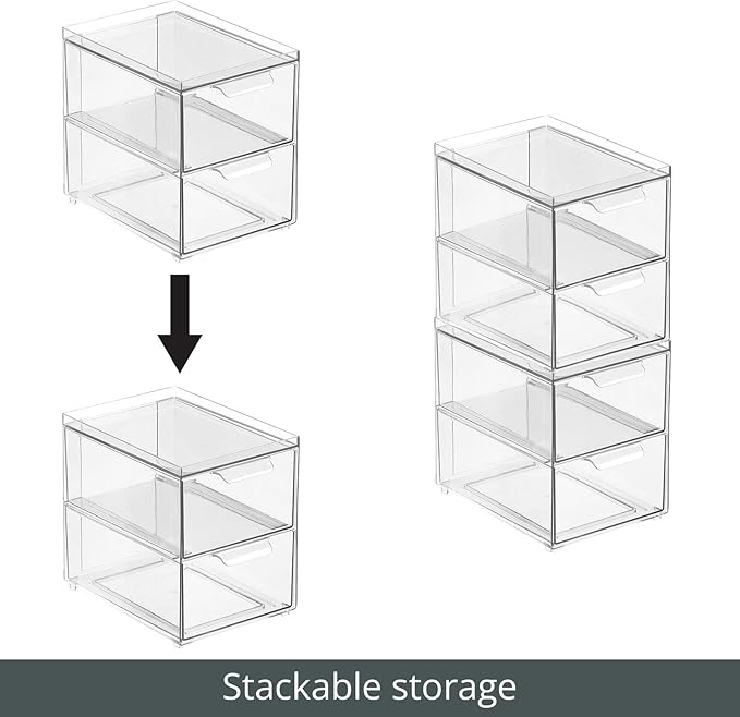 mDesign Stackable Storage Containers Box with 2 Pull-Out Drawers - Stacking Plastic Drawer Bins for Kitchen Pantry and Cupboard, Cabinet, Counter, Island and Tables - Lumiere Collection, 4 Pack, Clear