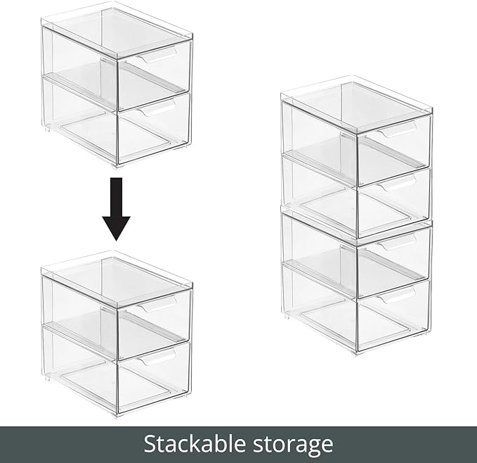 mDesign Stackable Storage Containers Box with 2 Pull-Out Drawers - Stacking Plastic Drawer Bins for Master or Guest Bathroom, Linen Closet, Vanity, or Makeup Table - Lumiere Collection -Clear