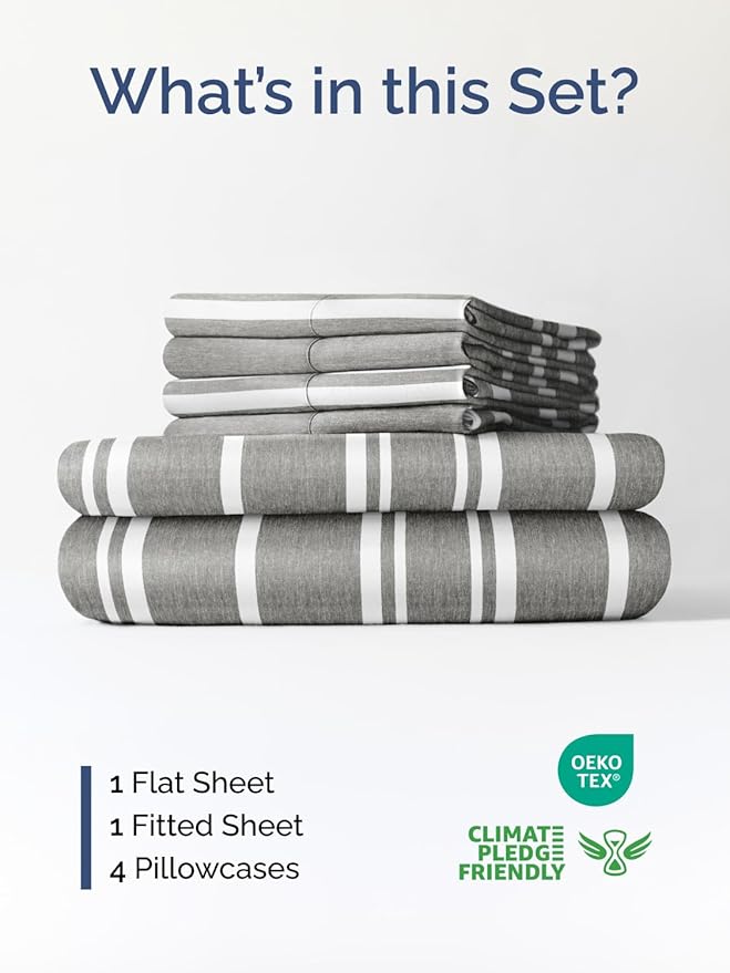 Extra Deep King Sheet Set - 6 Piece Breathable and Cooling Sheets - Hotel Luxury Bed Sheets Set - Easy Fit - Soft, Wrinkle Free and Comfy Sheets Set - Grey Striped Sheet Set with Extra Deep Pockets