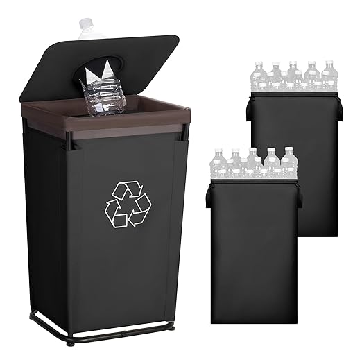 StorageWorks Recycling Bin with Lid, 29Gal Large Recycling Bin for Kitchen, Indoor Recycling Bins with 2 Reusable Washable Bags for Bottles and Cans, Steel Frame Fabric Sorter, 110L, Black