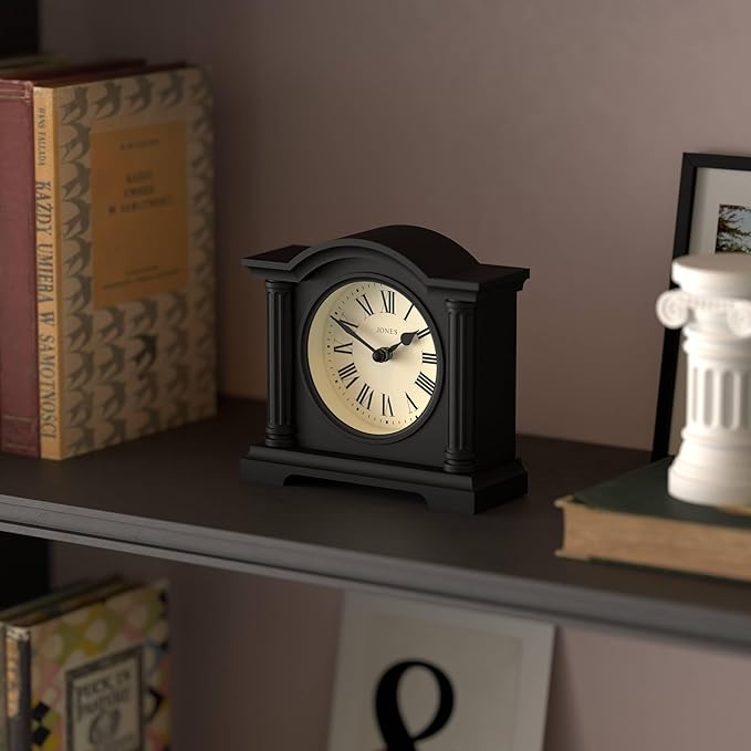 JONES CLOCKS® Kensington Mantel Clock | Classic Arch top Clock | Black | Stylish & Contemporary | Ideal for Desk, Mantelpiece, Bookshelf or Bedside