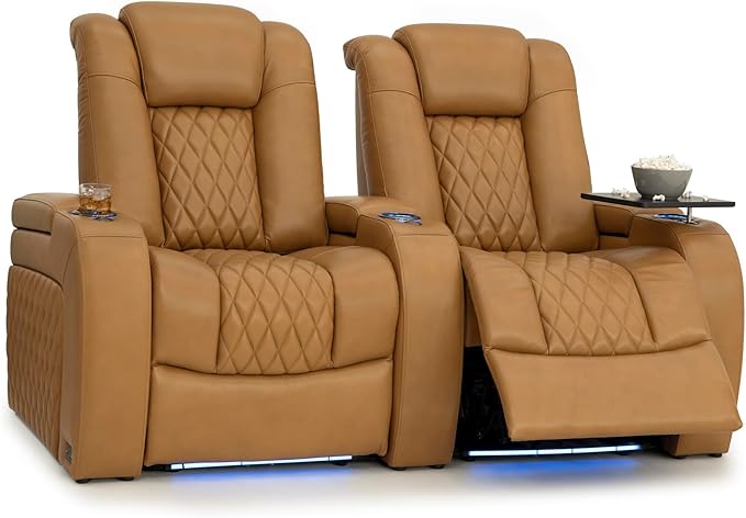 Seatcraft Diamante Zero-Gravity CoolZero Italian Leather Home Theater Seating, Power Headrest, Power Recline, Row of 2, Tan Oak