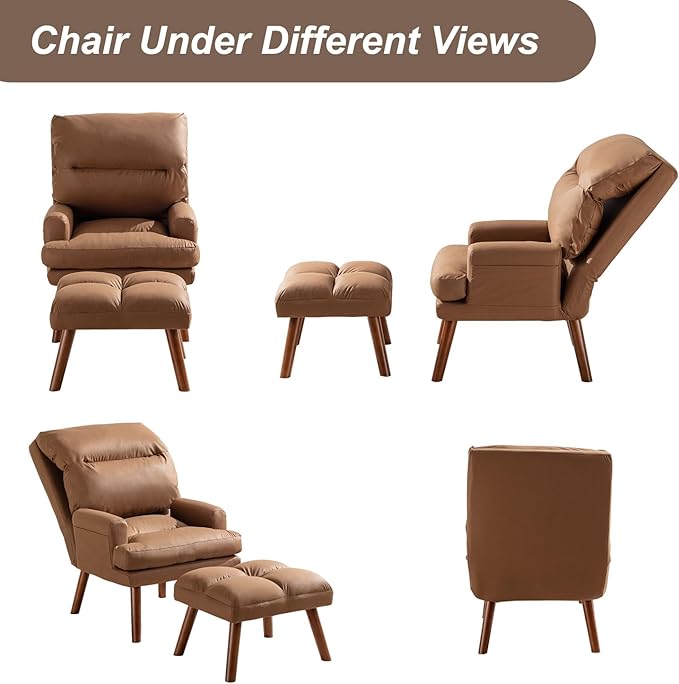 INZOY Accent Chairs with Ottoman, Velvet Fabric Armchair with Ottoman for Bedroom Living Room, Mid Century Modern Chair with Adjustable Backrest and Side Pockets, Camel