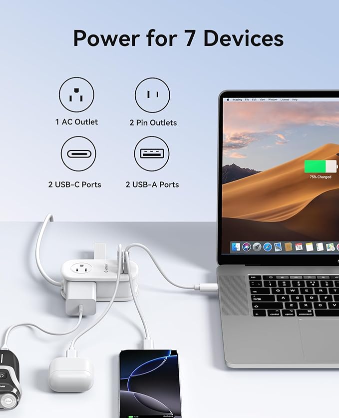 ORICO 65W GaN Travel Power Strip with 7-in-1 Charging Ports (3 AC Outlets/2 USB-A/2 USB-C), Flat Plug and 4FT Extension Cord, Fast Charger for MacBook Pro/Air, iPad Pro, iPhone 17/16/15- AP3