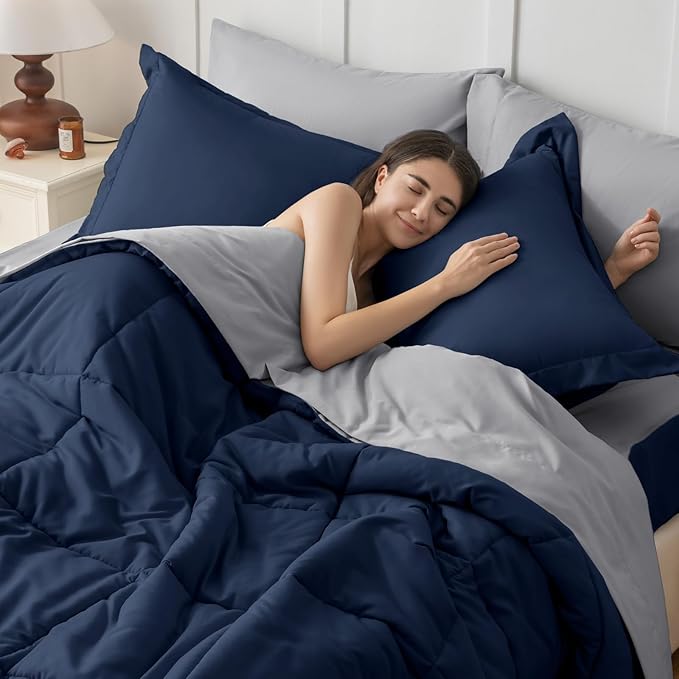 JOLLYVOGUE Queen Comforter Set, Ultra-Soft Bed in a Bag Queen Size 7 Pieces, Oeko-TEX Certified Bedding Set with Down Alternative Comforter, Sheets, Pillowcases & Shams, Navy Blue & Light Grey