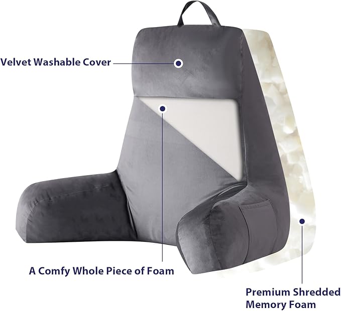 IPYNBAP Reading Pillow with Arms for Adult, Back Pillow for Bed Sitting Up, Shredded Memory Foam Backrest Pillow with Pockets & Removable Washable Cover, Lounging, Watching TV, Reading(24inch Grey)