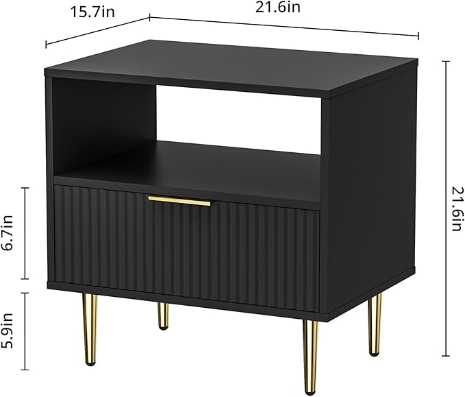 Nightstand with Drawer, End Table with Storage, Bed Side Table with Open Space for Bedroom, Modern Nightstand with Golden Handle, Side Night Stand for Bedroom, Living Room, Black