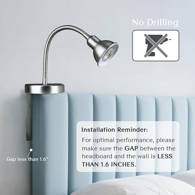 Solfres Patented Innovative Design Headboard Reading Light. No Drilling Golden Book Light for Bedtime Reading. Dimmable LED Book Reading Lamp with Bulb. Movable & Flexible, Silver