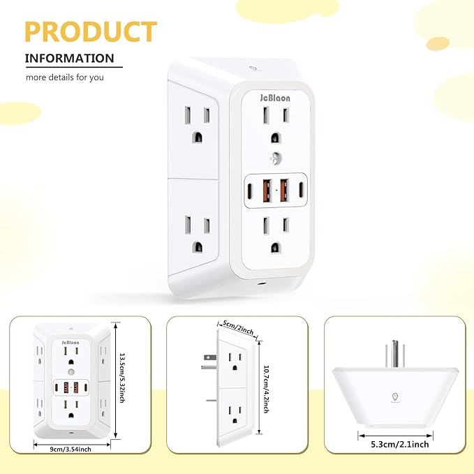 Wall Outlet Extender with Night Light, Power Plug Adapter Multi Plug Outlet Surge Protector with 4 USB Charging Ports (2 USB C), Adapter Spaced Outlets for Home Travel Office