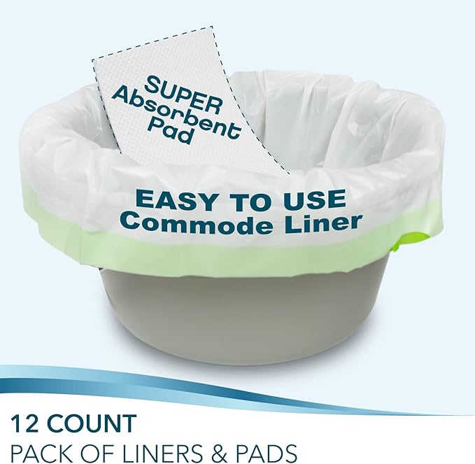 TidyCare Disposable Bedside Commode Liners and Pads for Portable Toilet Chair Seat Bucket and Bedpan | Combo Pack of 12 Waste Bags and 12 Absorbent Pads | Universal Fit