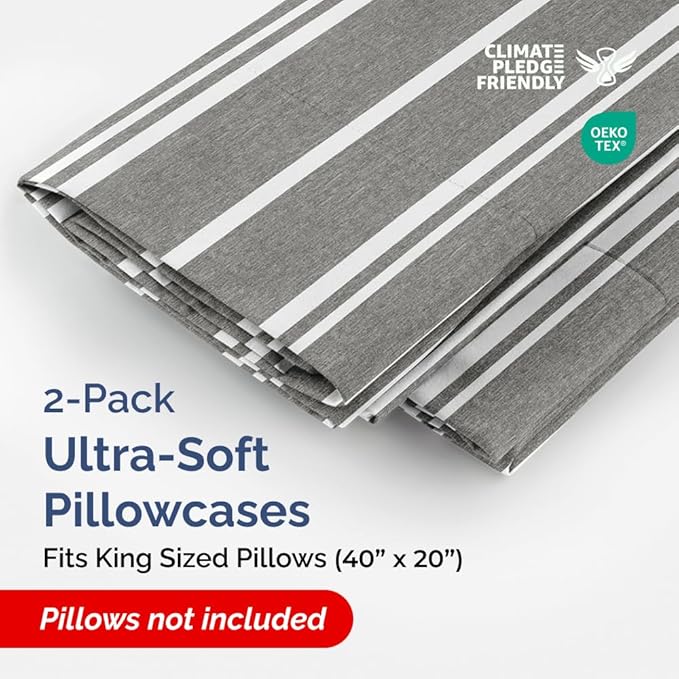 King Pillow Cases Set of 2 - Ultra Soft Hotel Quality Pillowcase Covers - Comfy, Cozy & Wrinkle Free - Shrinkage and Fade Resistant - Machine Washable Pillow Protectors - 2 Piece Set - Grey Stripes 3