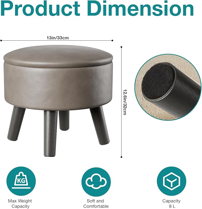 FIMIVIBI Small Foot Stool Ottoman with Storage, Faux Leather Ottoman Foot Rest for Couch, Round Footstool Ottomans for Living Room (Gray)