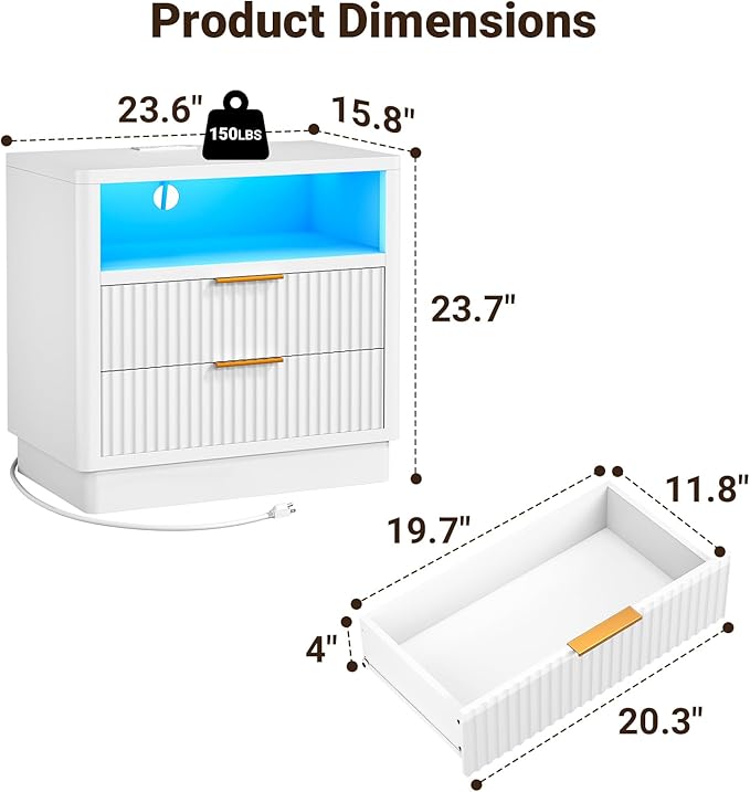 ELYKEN White Nightstand Set of 2 with Charging Station & LED Light, Fluted Bedside Cabinet with 2 Drawers, Wooden End Table with USB & Type-C Port for Bedroom Living Room