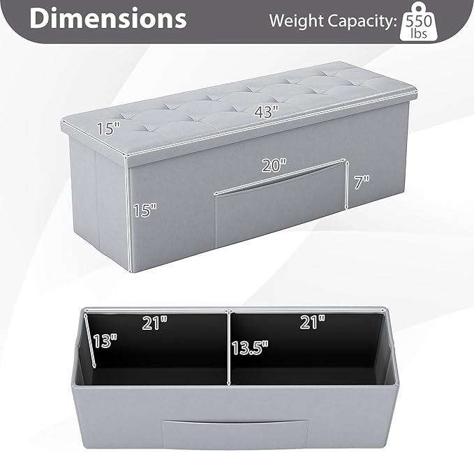 Giantex 43 Inches Folding Storage Ottoman Bench, Upholstered PU Leather Storage Chest with Side Pocket, Padded Seat, End of Bed Bench, Collapsible Ottoman Foot Rest for Living Room, Bedroom & Entryway