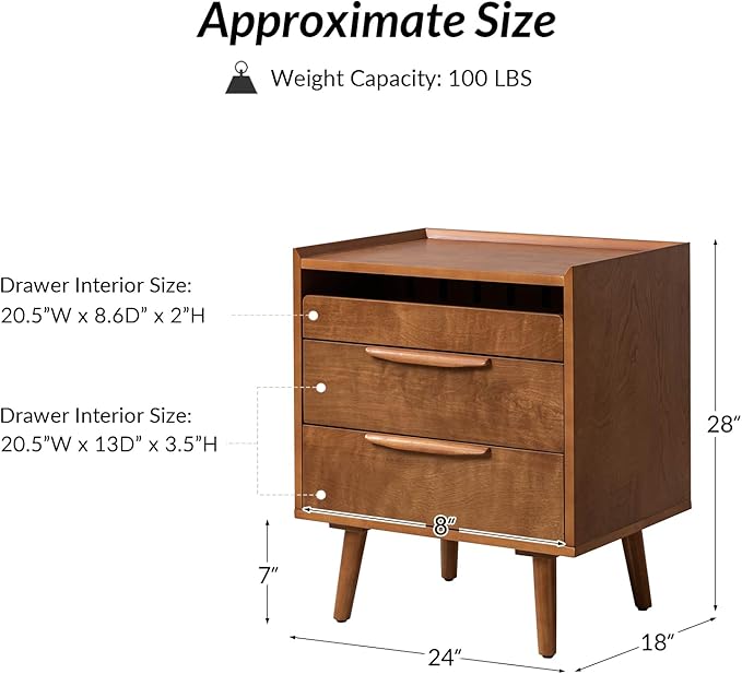 HULALA HOME 2 Drawer End Table with Pull-Out Shelf, Mid-Century Modern End Table with Wood Legs, Wood Side Table with Charging Station(Acorn)