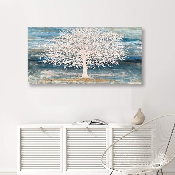 RICHSPACE ARTS Modern Tree Canvas Wall Art Teal Blue and White Pictures Large Abstract Decor Framed Landscape Oil Painting Artwork with 3d Texture and Gold Foil for Living Room Bedroom(20W*40L