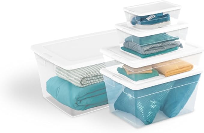 Sterilite 90 Qt Storage Box, Stackable Bin with Lid, Plastic Container to Organize Clothes, Blankets, Towels in Closet, Clear with White Lid, 1-Pack