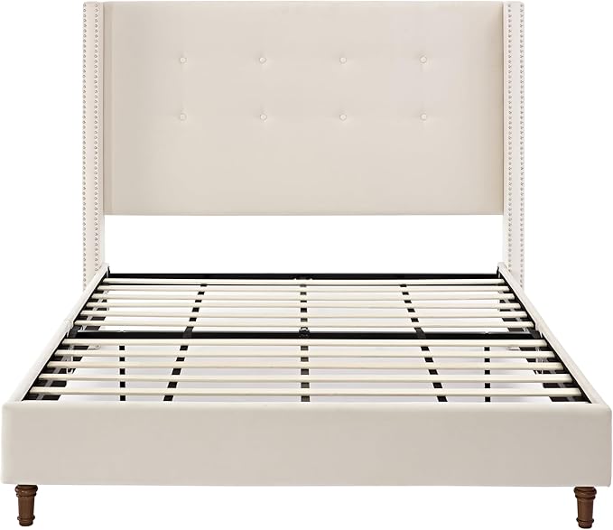 Queen Velvet Bed Frame,Upholstered Platform Bed with Button Tufted Headboard and Nailhead Trim Wingback, Wood Slats Support, No Box Spring Needed, Easy Assembly,Ivory