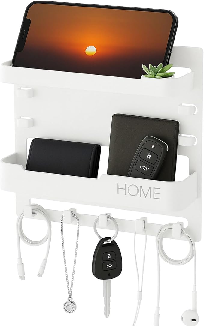 Wall Mount Bedside Shelf with Hooks, Adhesive Bedroom Organizer Storage for Phone, Remote, Kindle, Earphone, Dorm Room, RV, Office – Plastic Storage Rack (White)
