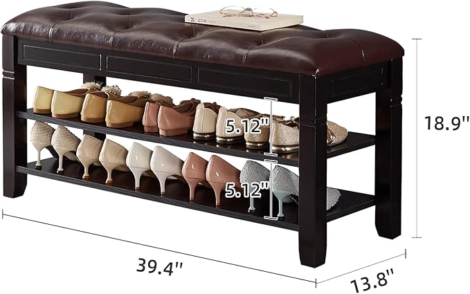 Shoe Storage Bench with Cushion, Entry Bench with Storage Solid Wood Shoe Bench Ideal for Entryway Living Room and Corridor (Black, 39.4'')
