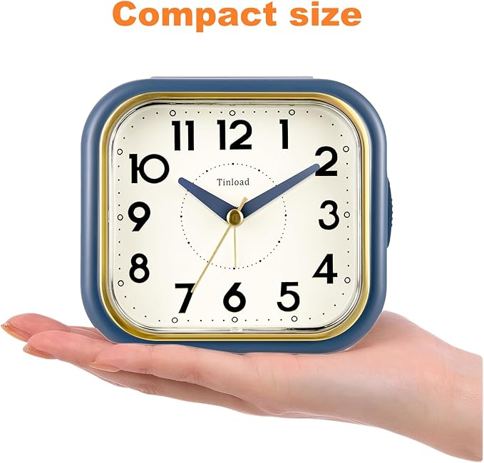 4.3" Retro Analog Alarm Clock • Silent Non Ticking • Gentle Wake • Beep Sounds • Increasing Volume • Battery Operated Snooze and Lighted on Demand • Retro Blue