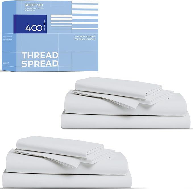THREAD SPREAD 2-Pack King Size Sheets Set - 400 Thread Count 100% Cotton Sateen Weave - Extra Soft, Breathable, Hotel Quality Cooling Sheets, 2 Sets of King Size Deep Pocket Bed Sheets (Silver Grey)